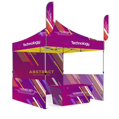 10' X 10' Premium Hex Aluminum Frame, Dye Sub Canopy, 3 Walls, Two 8' Feather Flags & 6' Table Cover